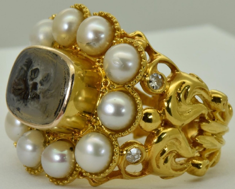 Guld viktoriansk Memento Mori Skull Beaded Ring Guld viktoriansk Memento Mori Skull Beaded Ring